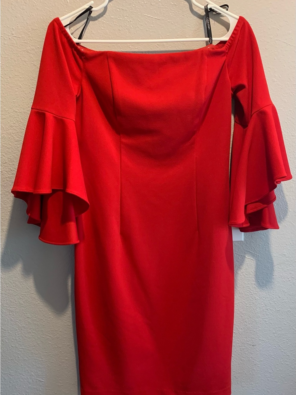 Calvin Klein Red Off-the-Shoulder Ruffle Sleeve Dress